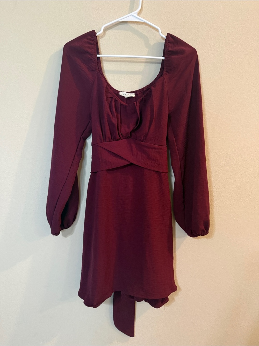 Long-Sleeve Burgundy Twist-Waist Dress